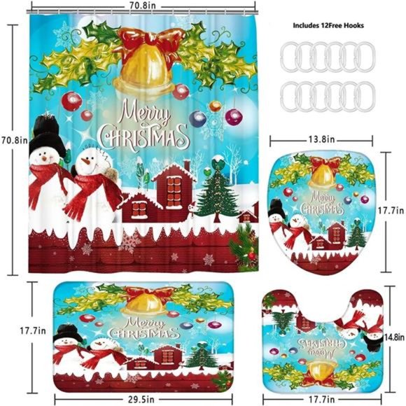 4Pcs Christmas Snowman Shower Curtain Sets Winter Jingle Bell Bathroom Set - Picture 7 of 7